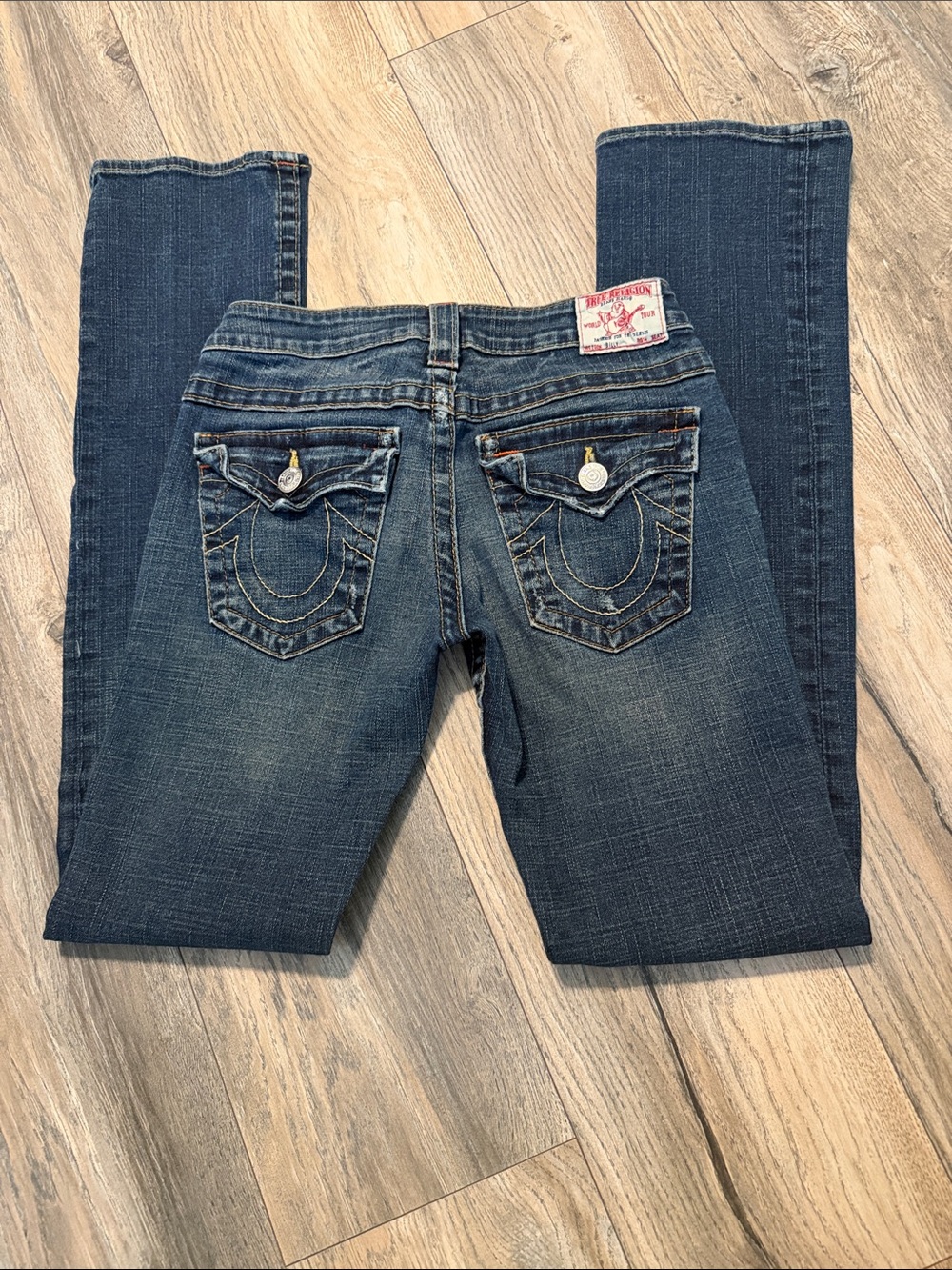 True Religion Women's Dark Blue Straight leg Jeans with Signature Back Pockets